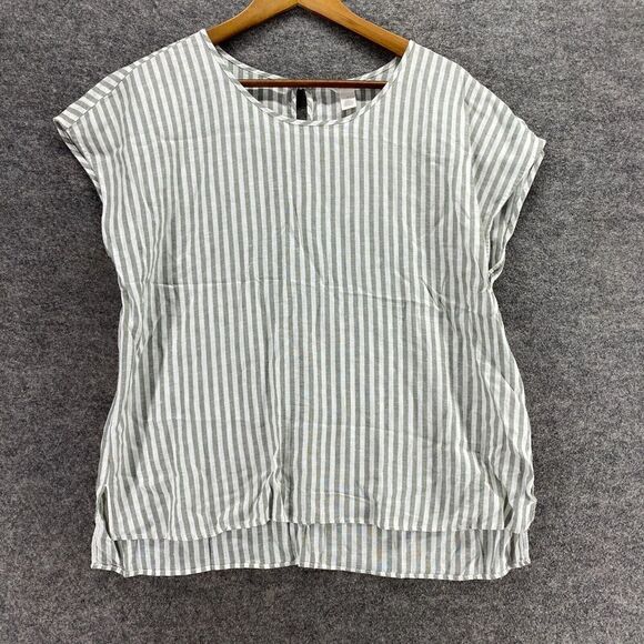 5/$45 Caslon Blouse Women L Large Gray Striped Short Sleeve Linen Crew Neck - Picture 1 of 9